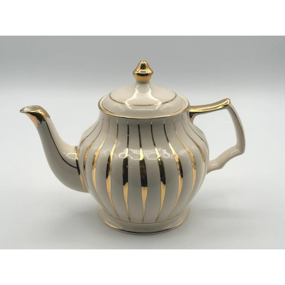 Vintage Sadler Teapot Cream Gold Striped English Porcelain Tea Pot